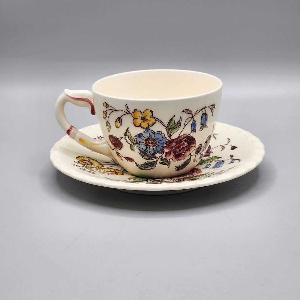 Vernon Kilns California May Flower Hand Painted Tea Cup & Saucer Set USA Garden